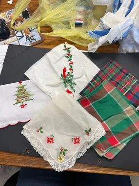 Vintage Holiday 5  Embroidered & Plaid Handkerchiefs - Festive Red, Green, White